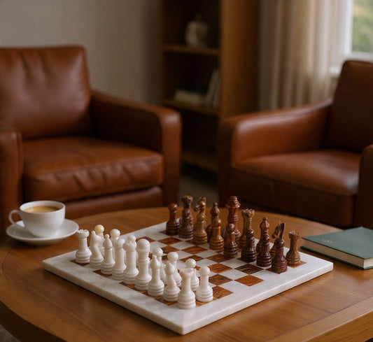 White & Old Copper Luxury Marble Chess Set (15"x15")