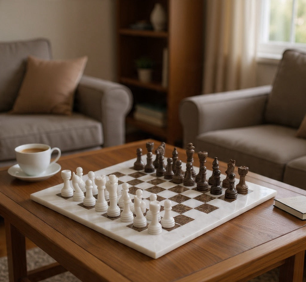 White & Pinecone Luxury Marble Chess Set (15"x15")