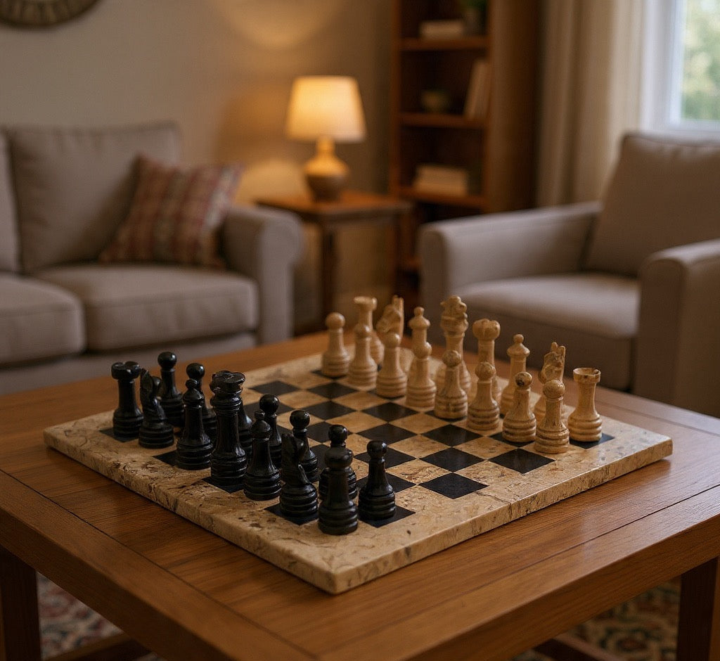 Pinecone & Black Luxury Marble Chess Set (15"x15")